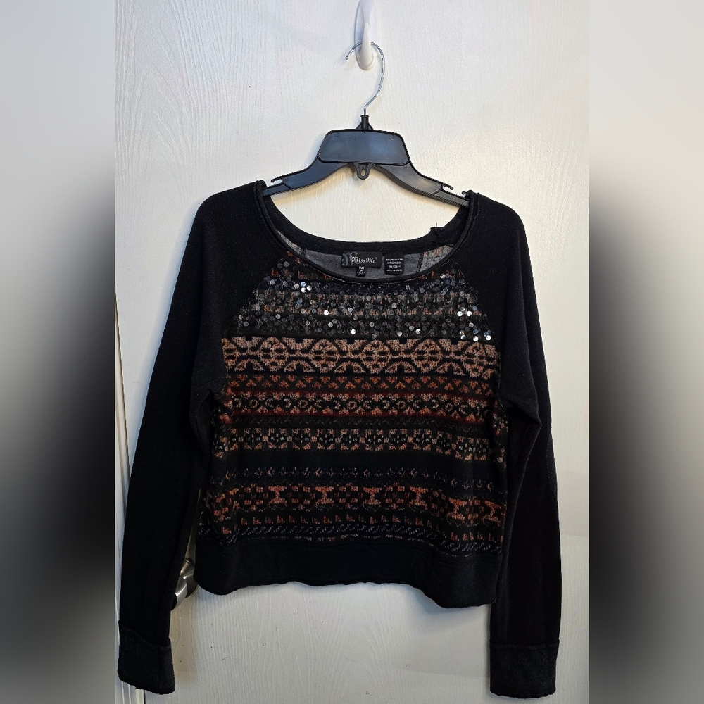 *3 FOR $12* Miss Me Black and Brown Patterned Lightweight Sweater with Sequins